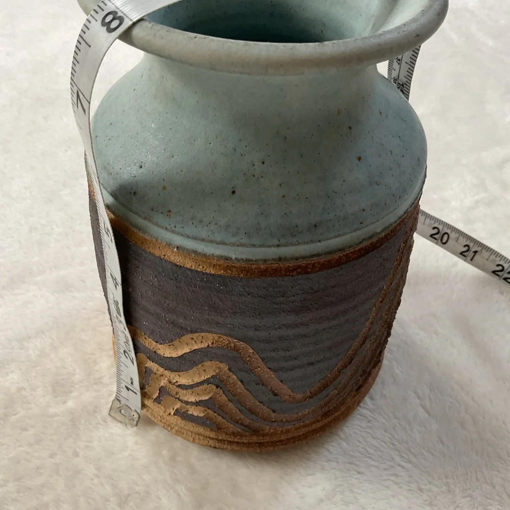 Signed Studio Pottery Vase 8” Blue Carved Stoneware Art Pottery - Picture 16 of 16